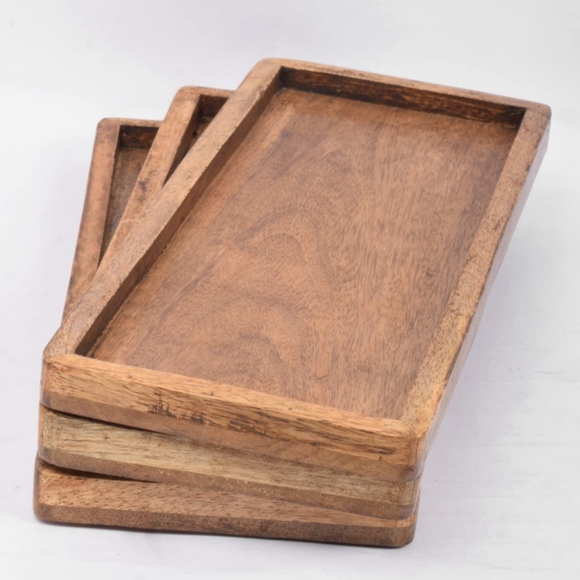 Set 3 Trays Rectangle Carved Mango Wood Food Safe Breakfast Tray Cafecore Boho - Picture 5 of 15